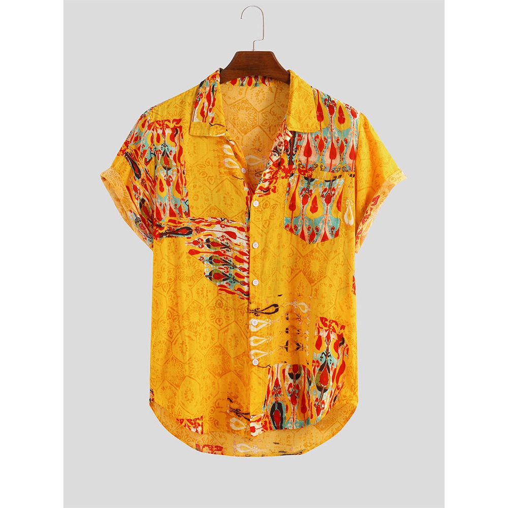 Mens Folk Symbol Pattern Summer Casual Loose Printing Shirts - M Green