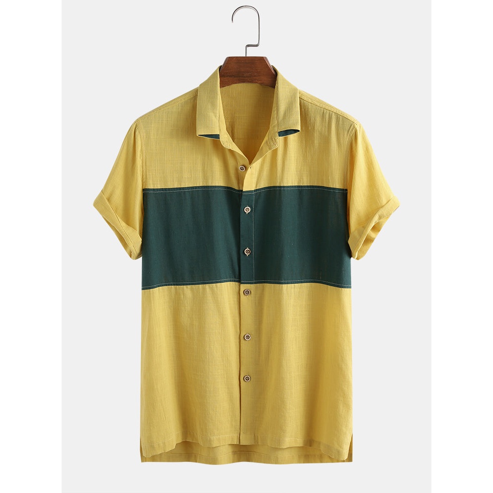 Mens 100% Cotton Soft & Breathable Color Block Patchwork Short Sleeve Shirts - Green XL