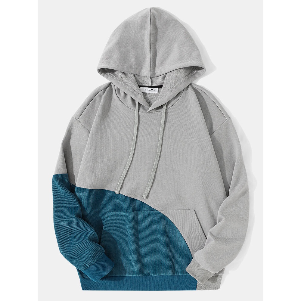 Men Patchwork Contrast Color Block Drawstring Casual Hooded Sweatshirt - Grey S