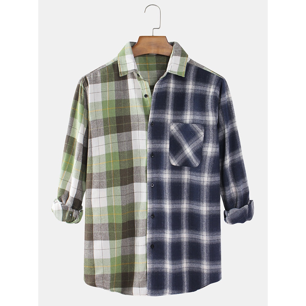 Design Contrast Color Tweed Plaid Patchwork Button Up Long Sleeve Shirts - Green XL