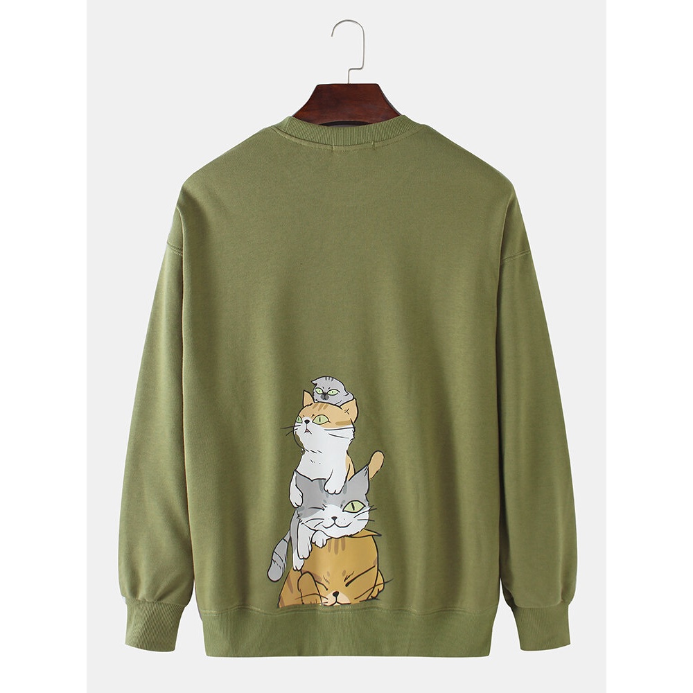 Mens Cotton Cute Cat Back Print Drop Shoulder Long Sleeve Cartoon Sweatshirts - Black 2XL