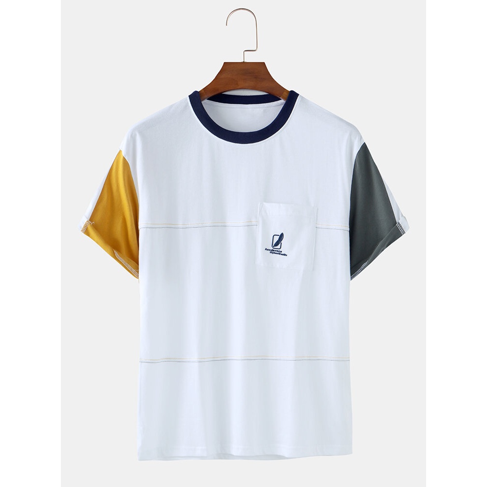 Mens Patchwork Print Chest Pocket O-Neck Breathable & Thin T-Shirts - Dark Blue M