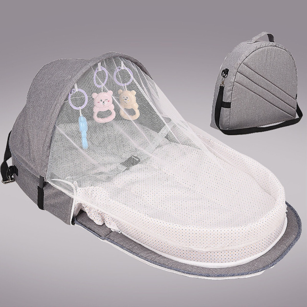 Foldable Multi-function Cotton Baby Bed Portable Crib With Net and Toys For Infant - Grey