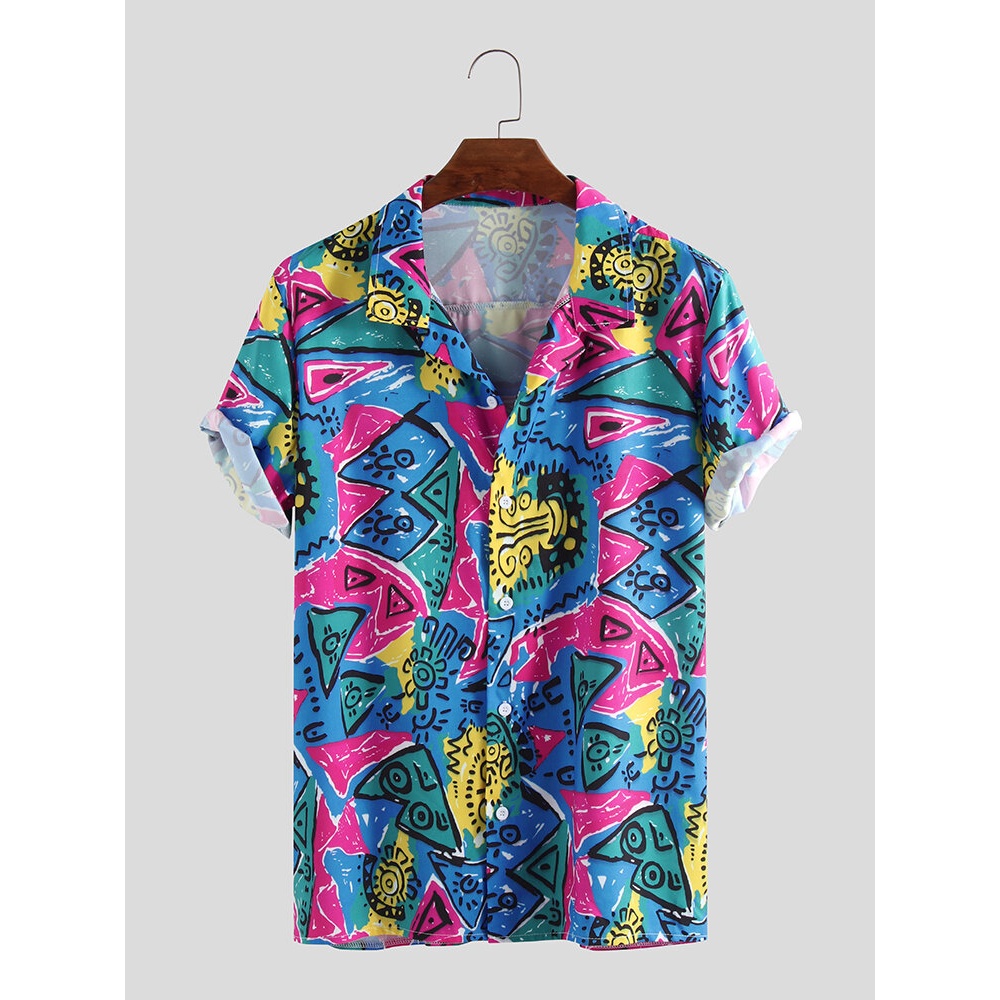 Geometry Graffiti Short Sleeve Colored Shirts - XL Blue