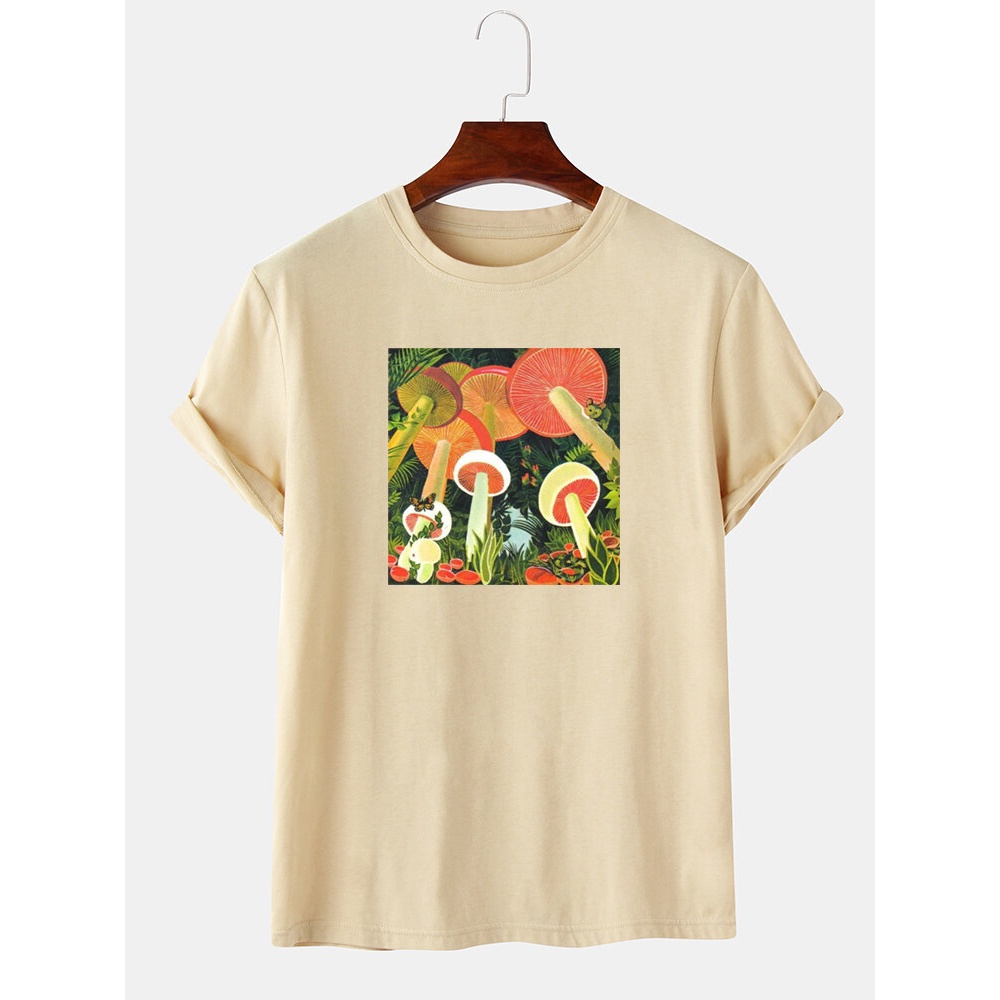 Mens Cartoon Mushroom Print Short Sleeve Preppy T-Shirts - Khaki 2XL
