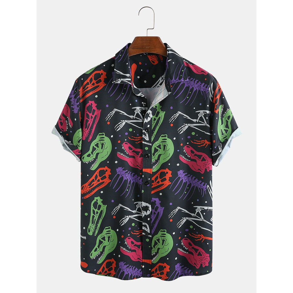Mens New Fashion Dinosaur Skeleton Cartoon Print Turn Down Collar Short Sleeve Shirts - Black M