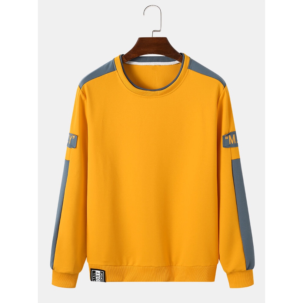 Men Contrast Patchwork Crew Neck Long Sleeve Pullover Sweatshirt - Yellow L