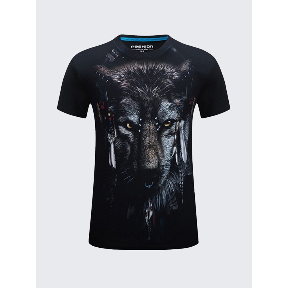 Plus Size S-4XL Summer 3D Indian Wolf Printing O-neck Men T shirts Short Tees - L Blue