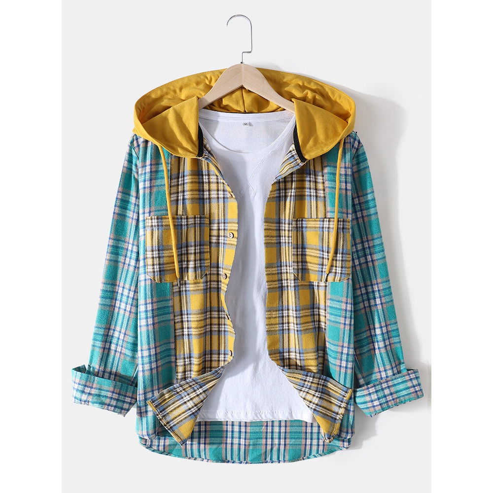 Mens Contrast Patchwork Plaid Cotton Double Pocket Long Sleeve Drawstring Hooded Shirts - Yellow S