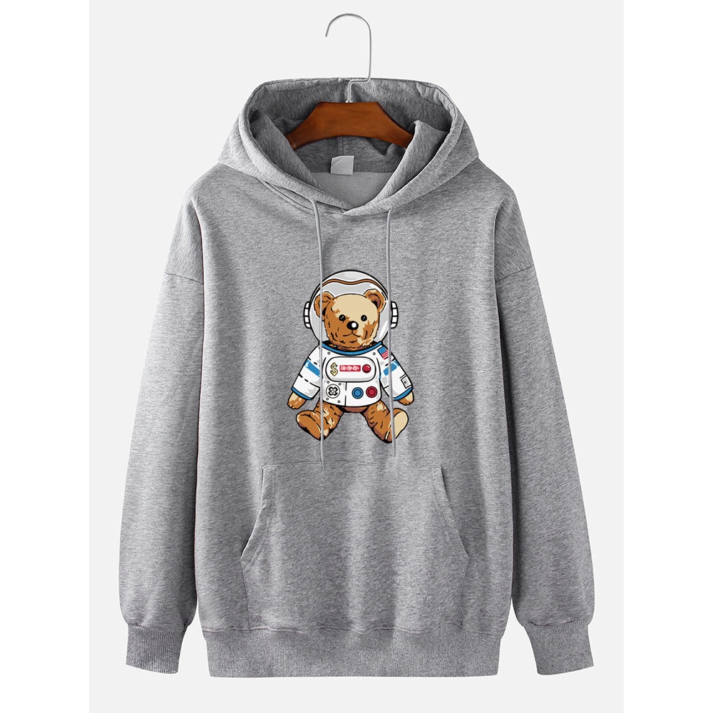 Mens Astronaut Bear Cartoon Print Plain Casual Cotton Pullover Hoodie - White S