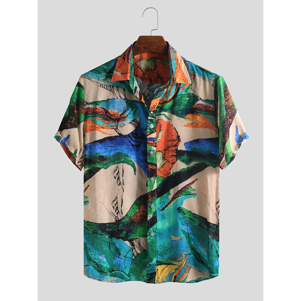 Mens Creative Graffiti Printing Vacation Hawaiian Shirts - M Orange