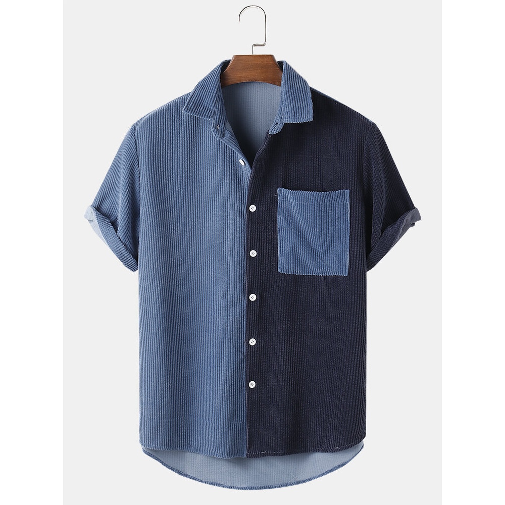 Mens Corduroy Patchwork Pocket Lapel Short Sleeve Shirt - Blue XL