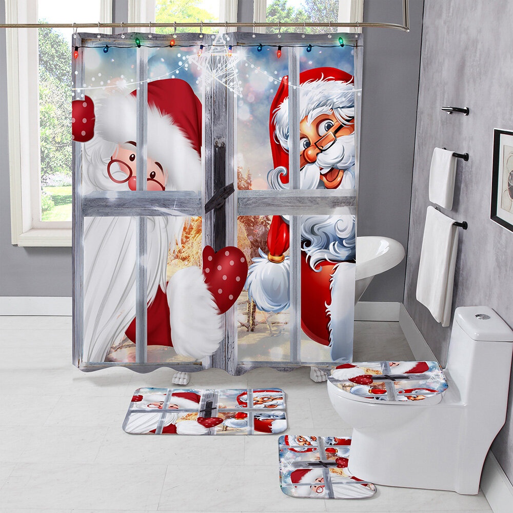 Style Shower Curtain Santa Claus Three-piece Four-piece Bathroom Mat Set Waterproof Toilet Mat Set - Santa Claus 6 4Pcs Set - Image 2