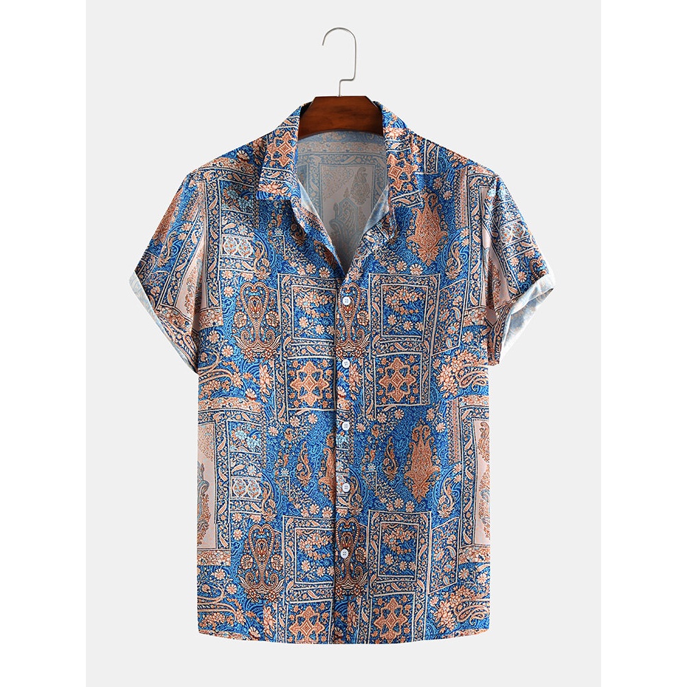 Mens Colorful Pattern Printed Summer Turn Down Collar Shirts - 2XL Blue
