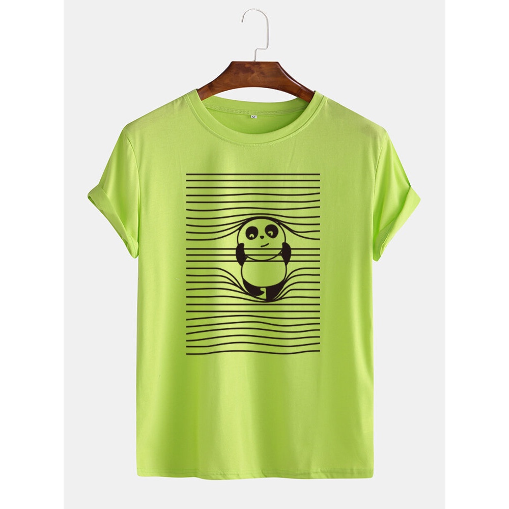 Mens Cartoon Panda & Line Print Round Neck Short Sleeve Cute T-Shirts - Sky Blue L