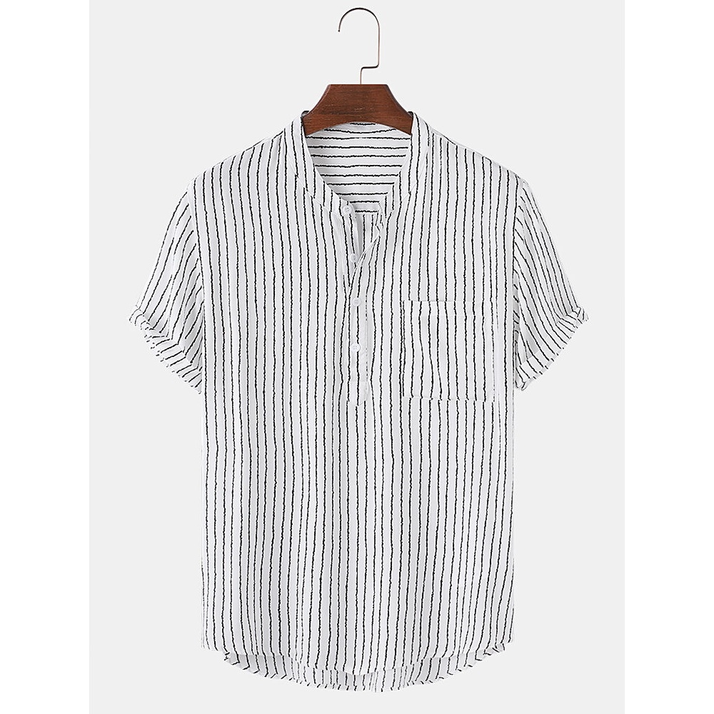 Mens Pinstripe Stand Collar Casual Short Sleeve Henley Shirts With Pocket - Black S