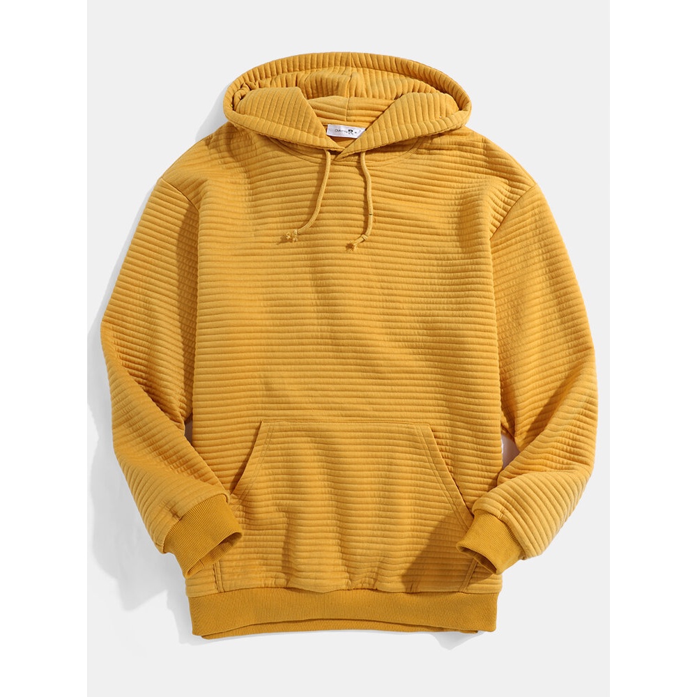 Mens Screw Thread Solid Elastic Hem Kangaroo Pocket Pullover Hoodies - Yellow S
