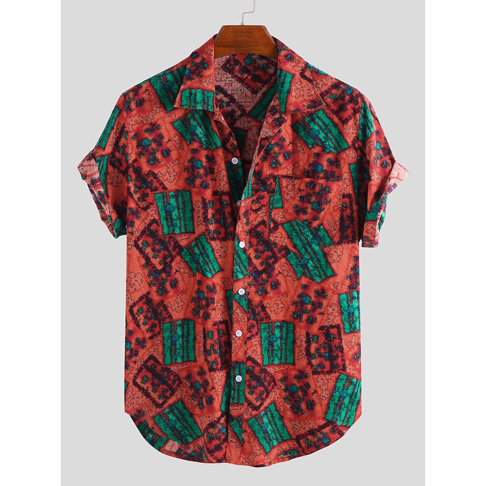 Men Art Square Print Short Sleeve Relaxed Shirts - XL Orange