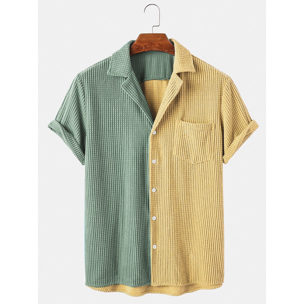 Mens Light Corduroy Patchwork Pocket Breathable Casual Shirts - Green S