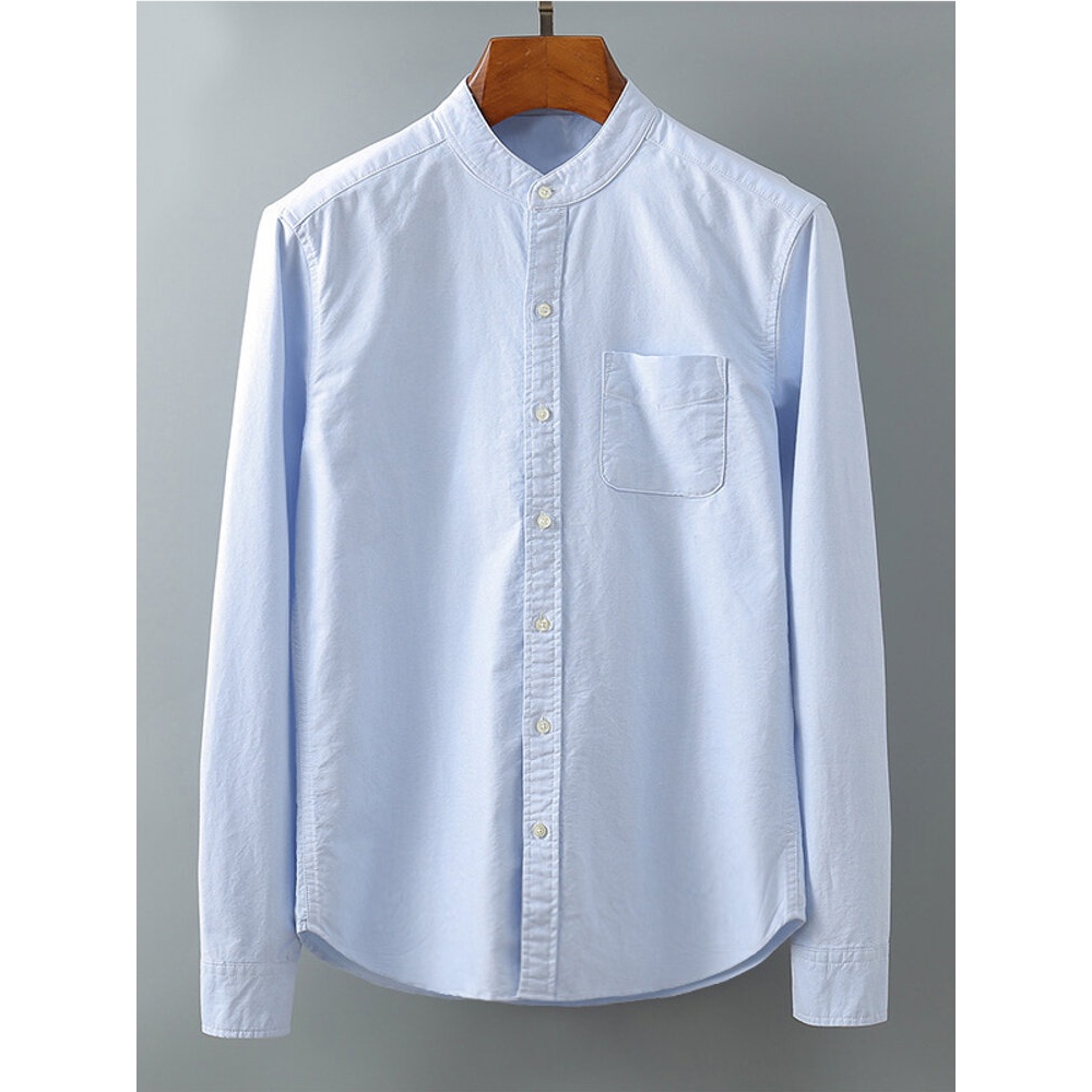 Men's Casual Stand Collar Chest Pocket Long Sleeve Cotton Shirts - L Light Grey