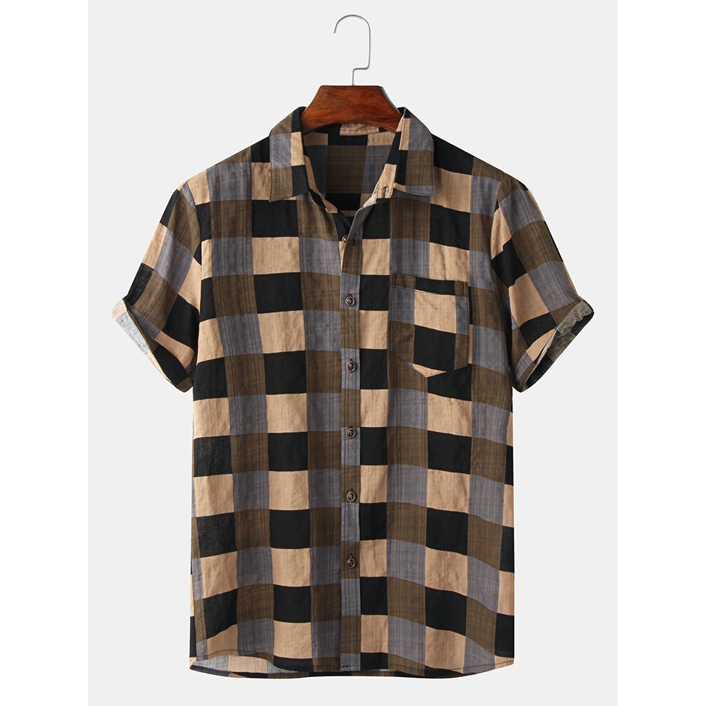 Mens Vintage Plaid Lapel Casual Short Sleeve Shirts With Pocket - Khaki S