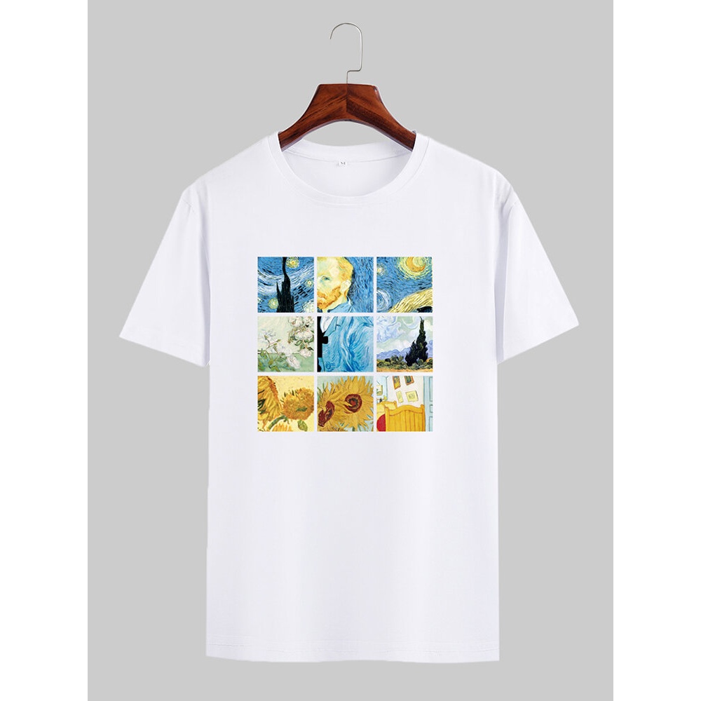Mens Designer Van Gogh Famous Painting License Short Sleeve White T-Shirts - White S
