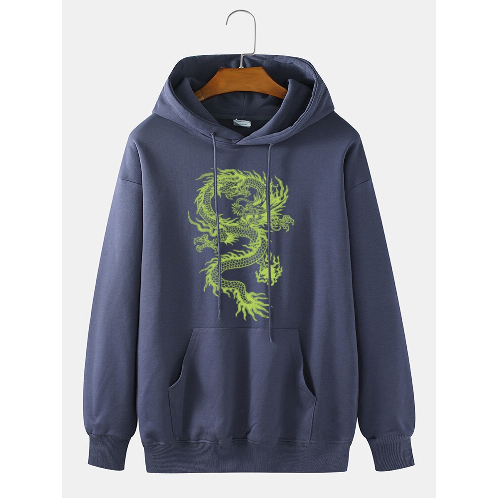 Mens 100% Cotton Dragon Printed Drop Shoulder Kangaroo Pocket Drawstring Hoodies - Grey M