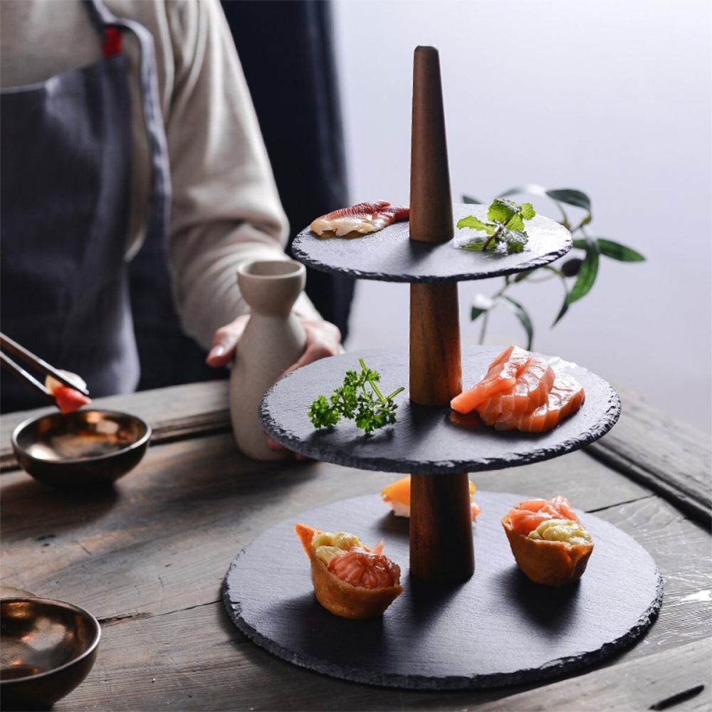 Sushi Sashimi Wooden Rock Tray Dessert Cake Dinner Cupcake Display Holder Stand - 2 Layers - Image 2