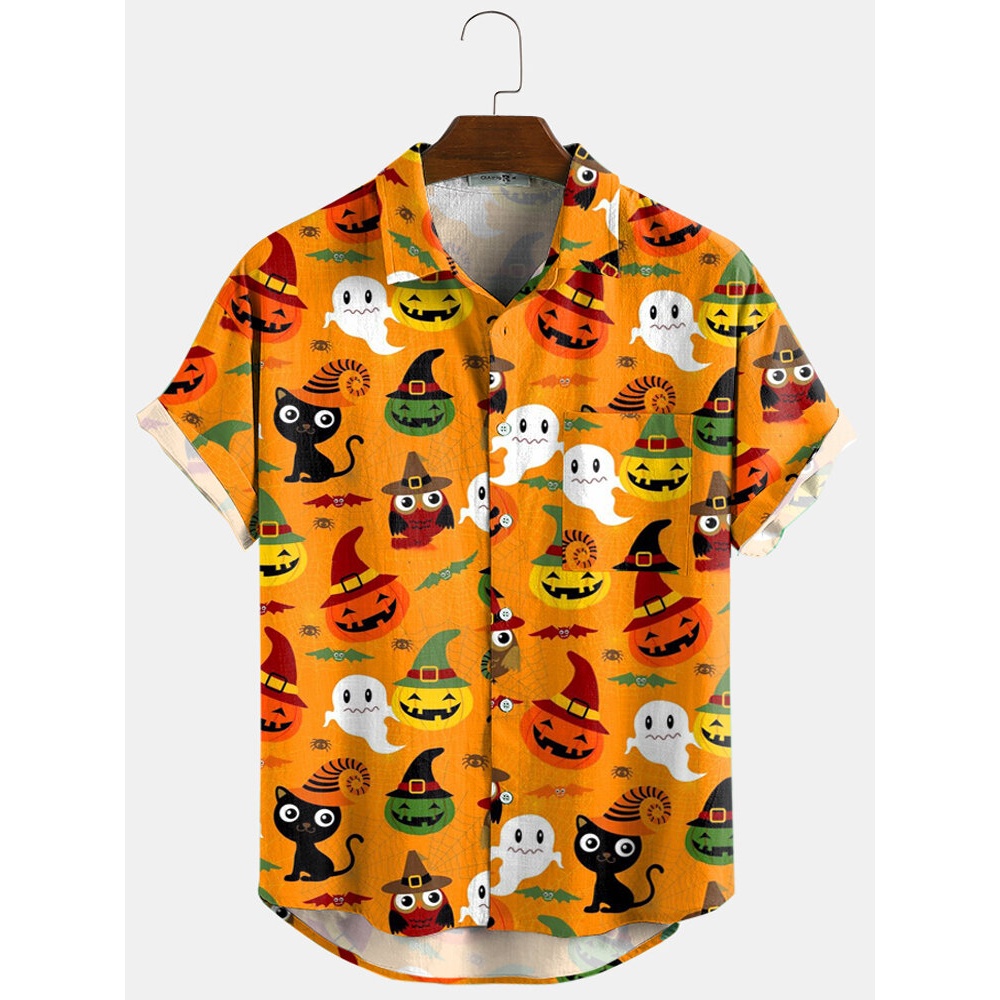 Mens  Pumpkin Cartoon Light Short Sleeve Casual Shirts - Yellow S