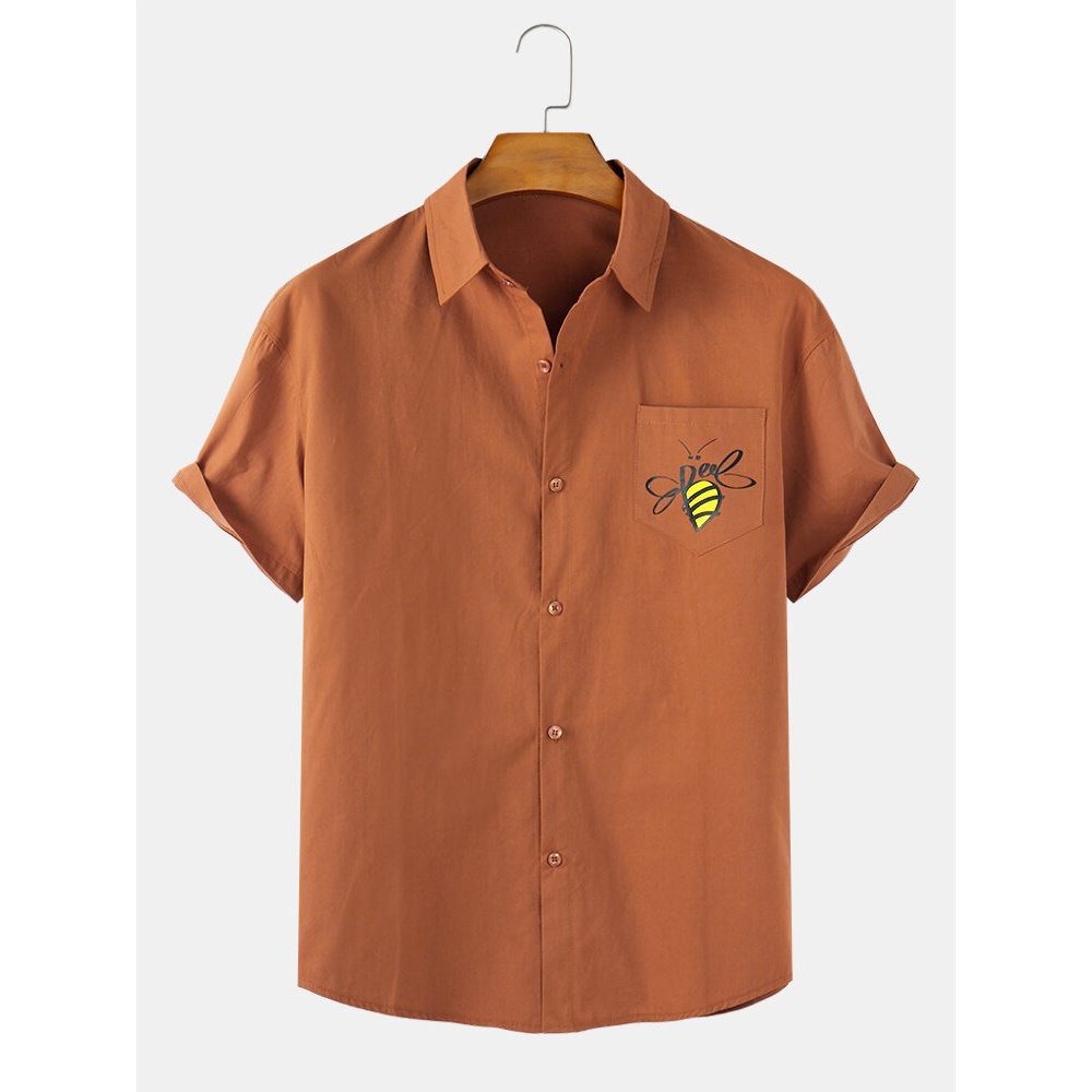 Mens Cartoon Bee Print Pocket Short Sleeve Casual Shirts - Red XL