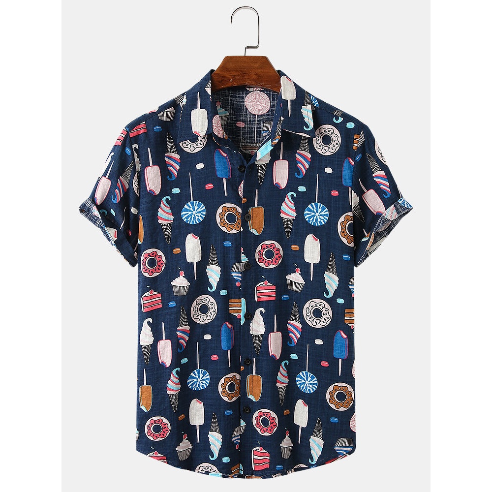 Cartoon Dessert Print Mens Cotton Breathable Short Sleeve Funny Shirts - Navy M