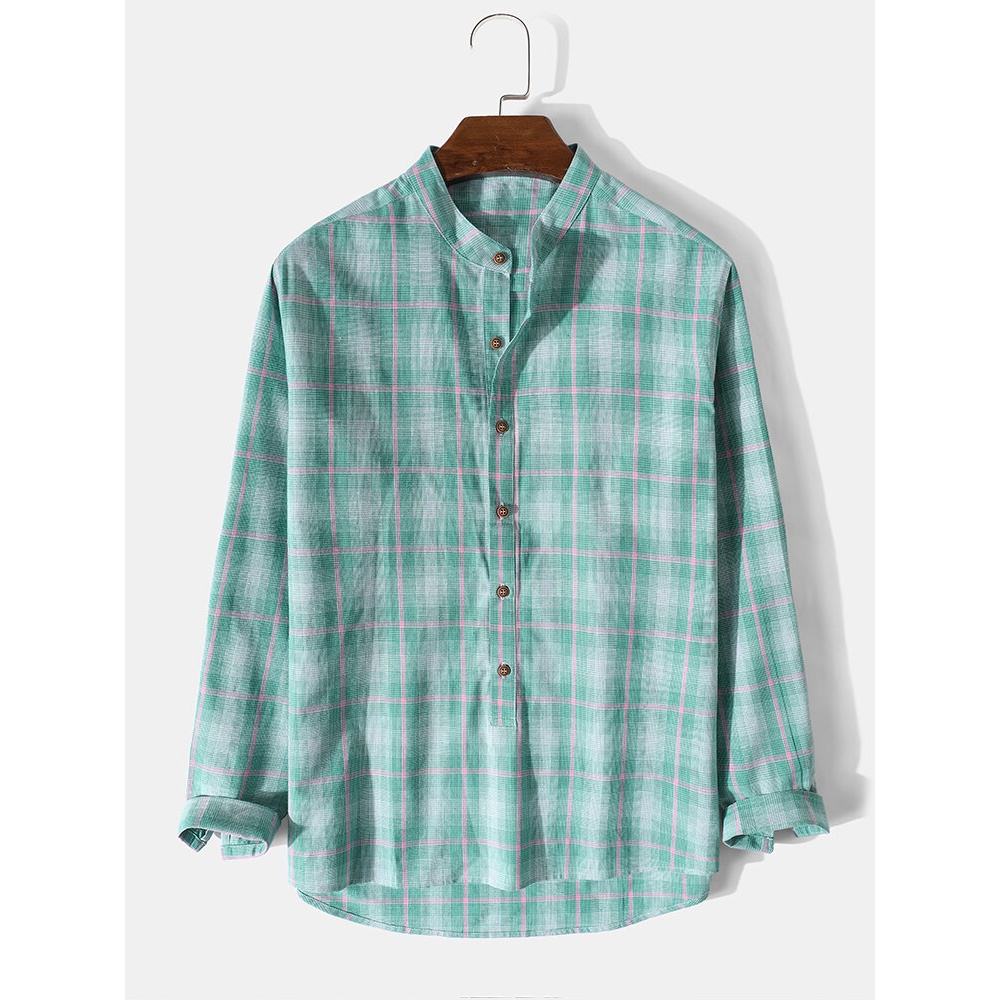 Mens 100% Cotton Plaid Stand Collar Long Sleeve Henley Shirts - Black S