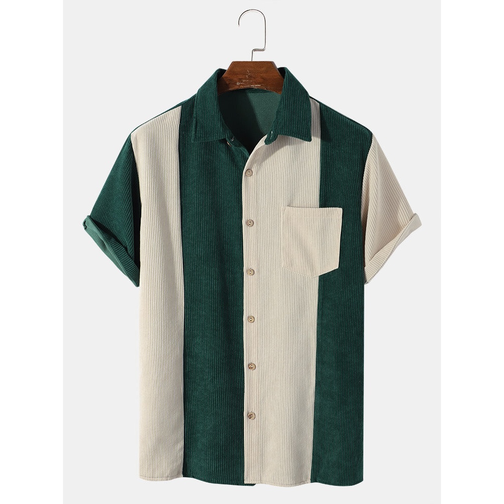 Mens Corduroy Pocket Patchwork Casual Shirts - Green 2XL