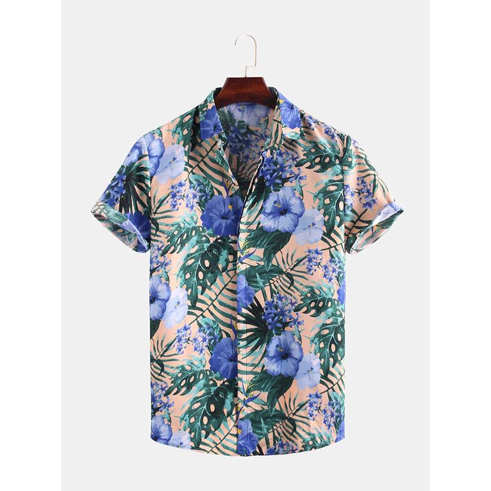 Men Blue Oriental Print Short Sleeve Relaxed Shirts - M Blue