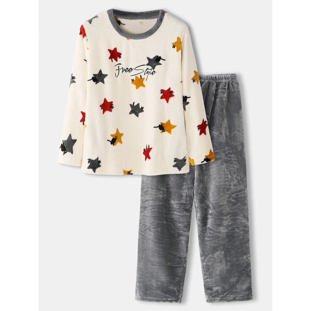 Mens Cute Cat Star Pattern Letter Embroidered Round Neck Flannel Thick Pajamas Set - Beige XS