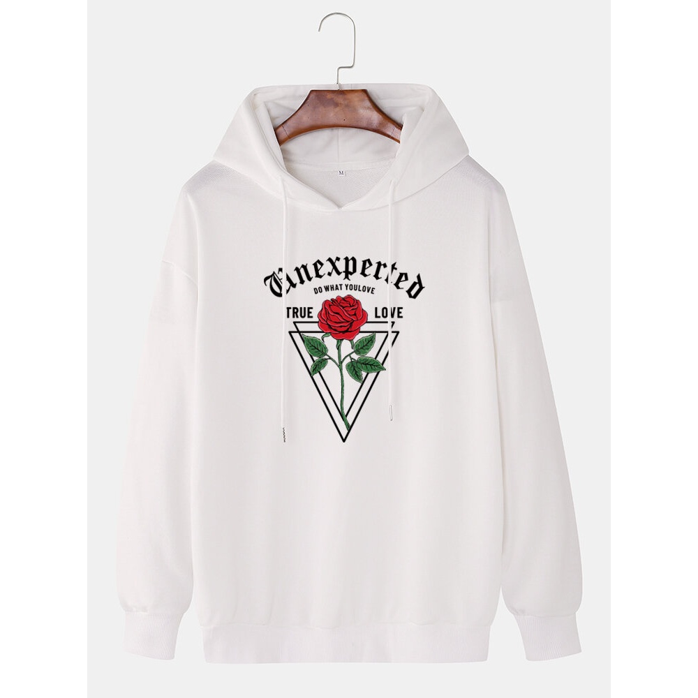 Casual Rose & Letter Graphics Long Sleeve Drop Shoulder Hoodies For Men - White S