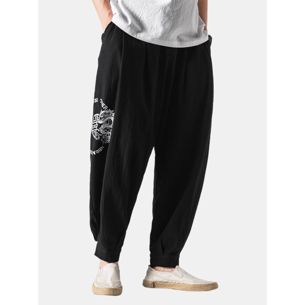 Mens Chinese Style Loose Linen Printing Solid Color Casual Pants - 2XL Black