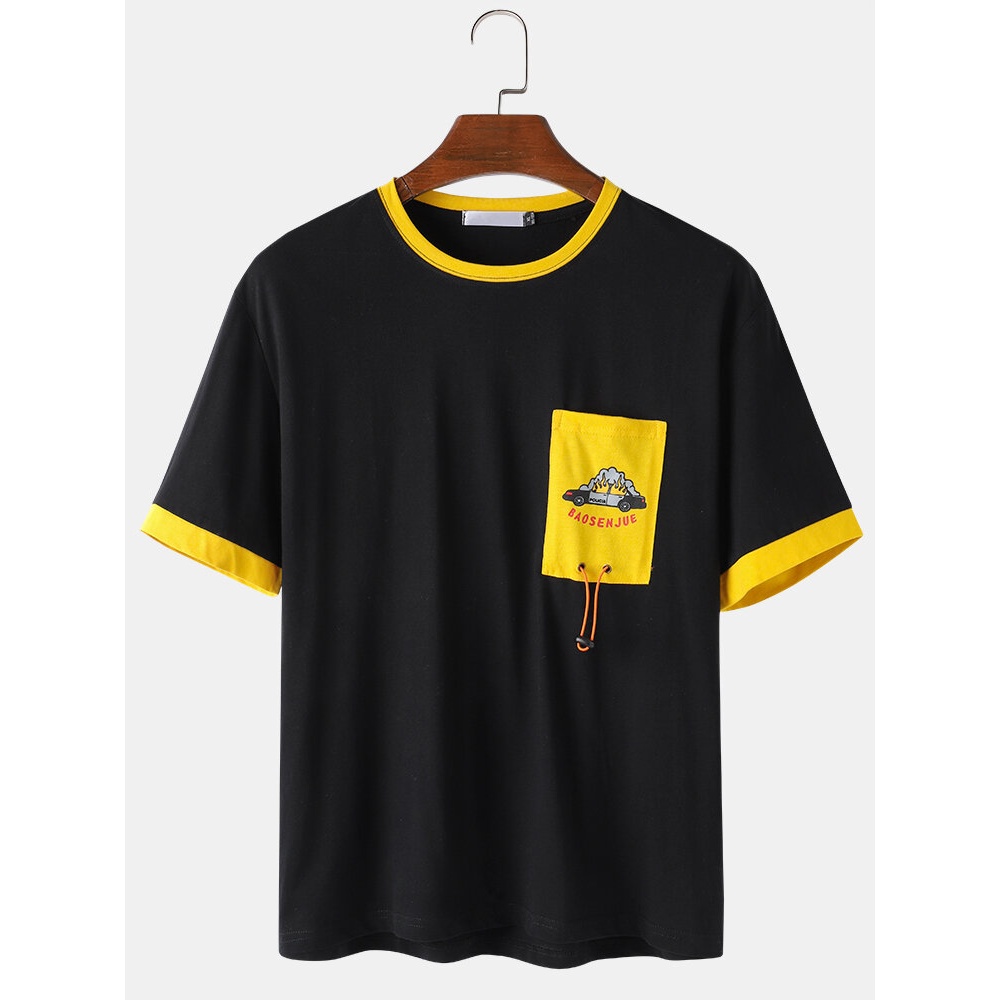 Mens Cotton Patchwork Loose Thin Chest Pocket Round Neck T-Shirts - White S