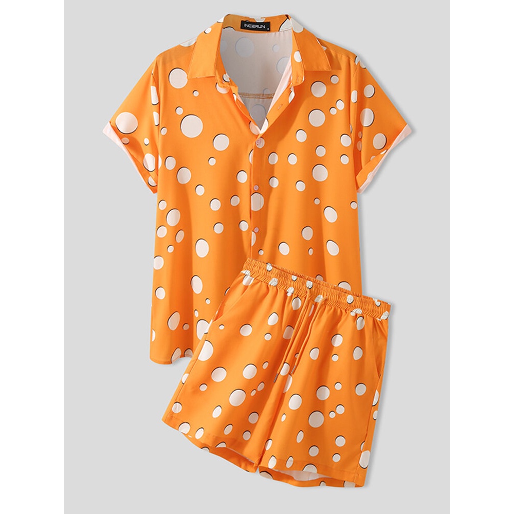 Mens Polka Dot Print Lapel Drawstring Shorts Casual Shirts Shorts - Orange S