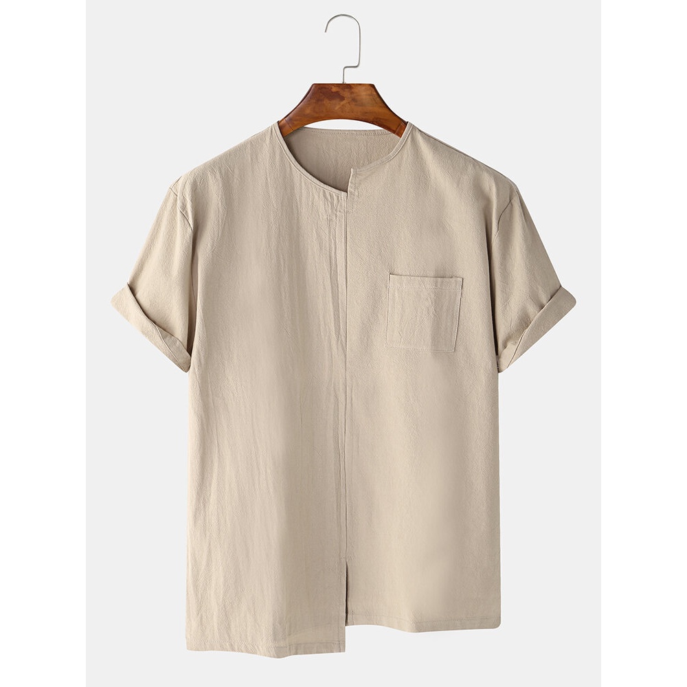 Mens Vintage Cotton Linen Solid Color Breathable Casual T-Shirts - Apricot XL