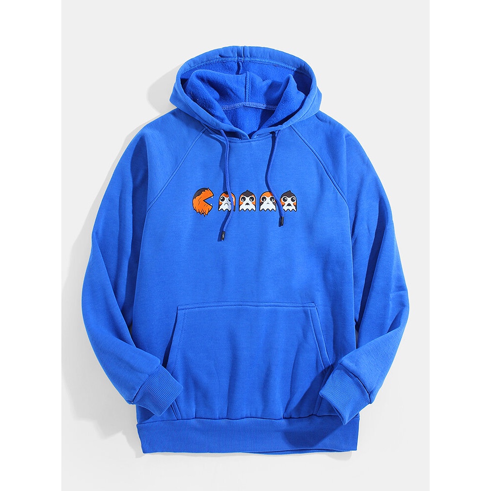 Mens 100% Cotton Cute Cartoon Print Long Raglan Sleeve Hoodies With Kangaroo Pocket - Coffee M