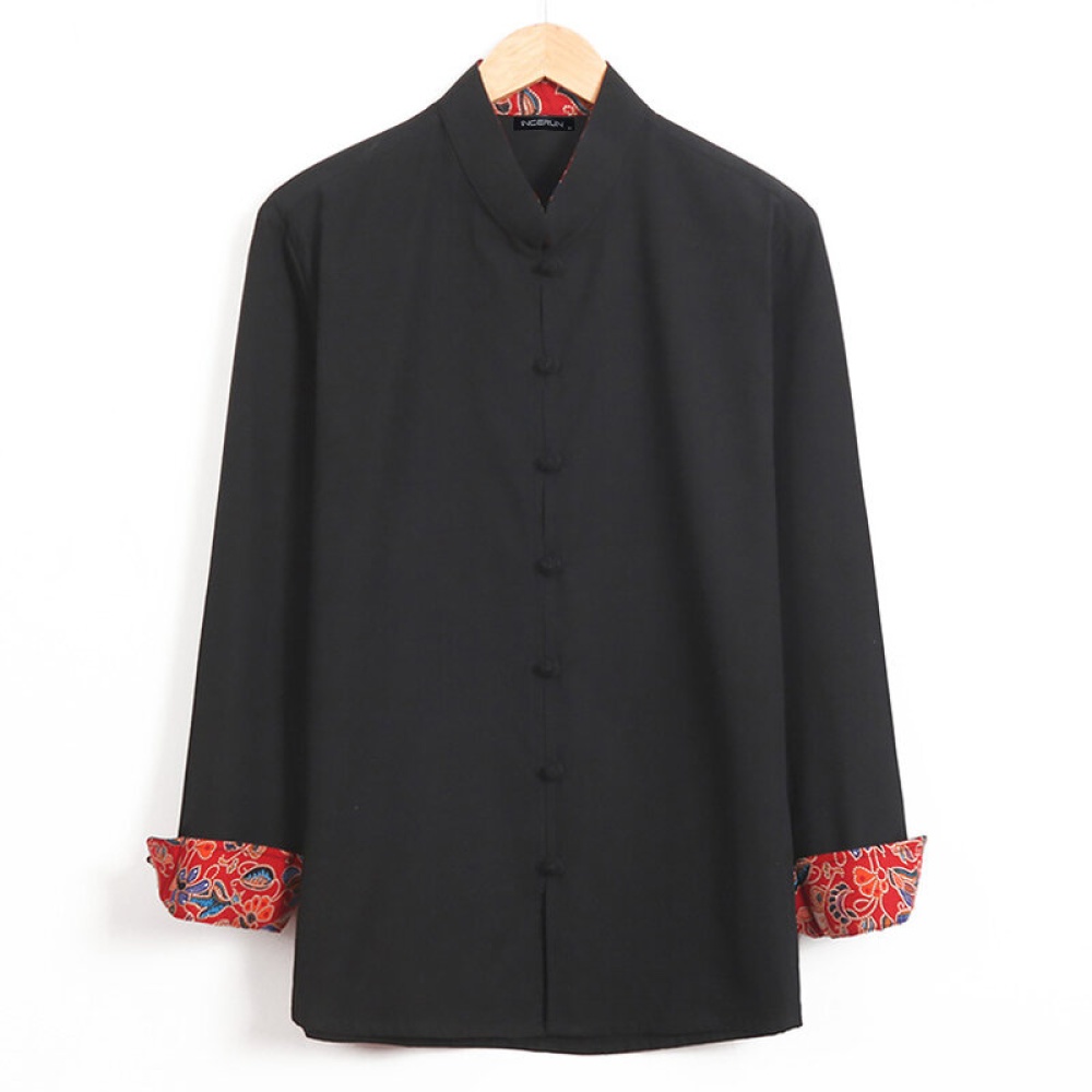 Mens Fashion Stand Collar Buttons Long Sleeve Casual Shirts - M Grey