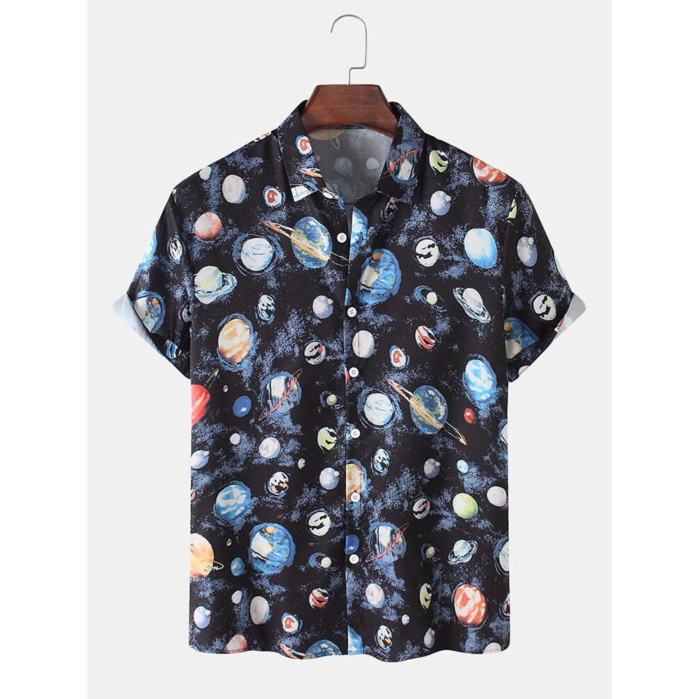 Cotton Mens Galaxy Print Lapel Short Sleeve Deisgn Shirts - Black S