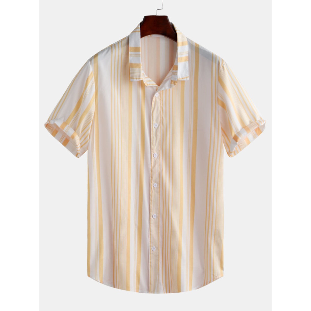 Men Classic Fashion Summer Casual Short Sleeve Striped Shirt - M Yellow White