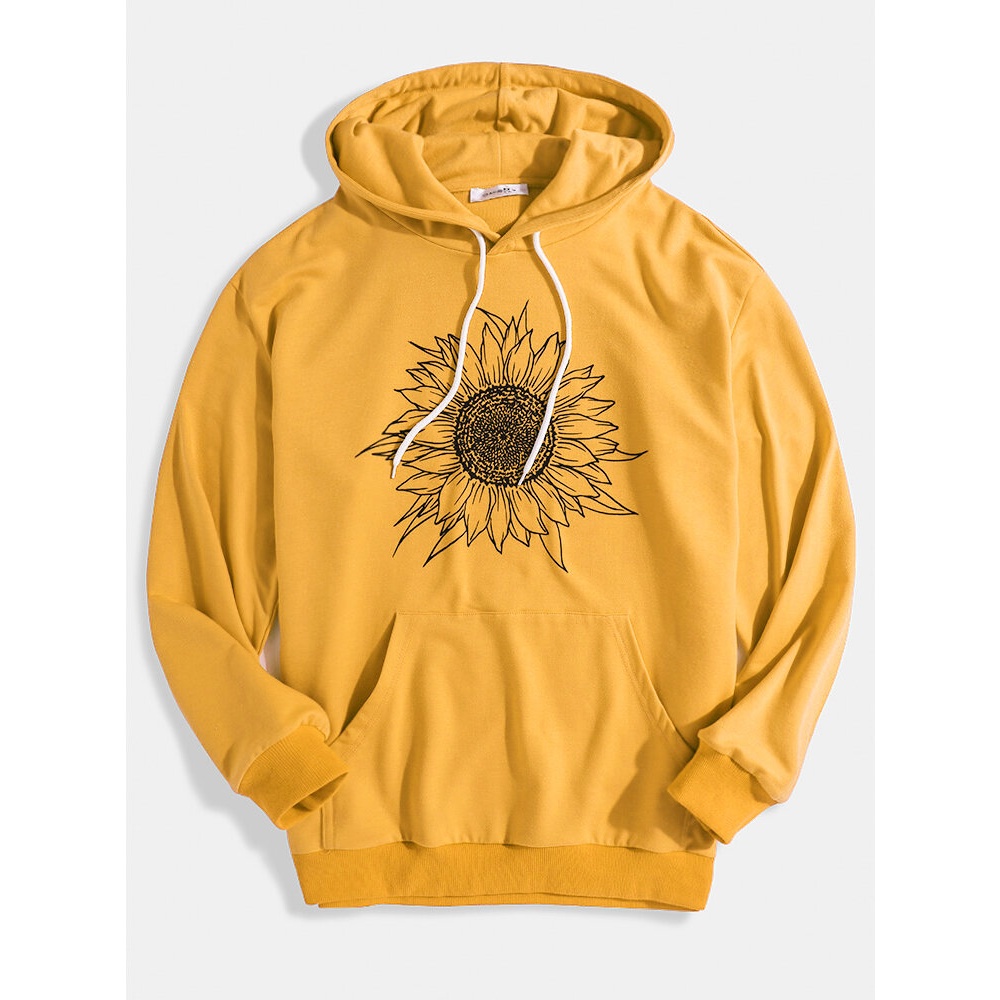 Mens Sunflower Print Relaxed Fit Kangaroo Pocket Drawstring Hoodies - S Yellow