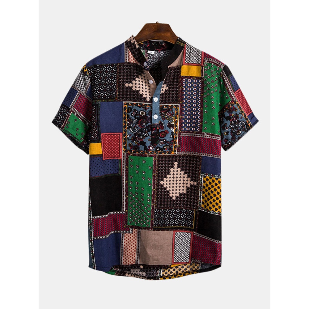 Men Pattern Print Short Sleeve Shirts - S Brown