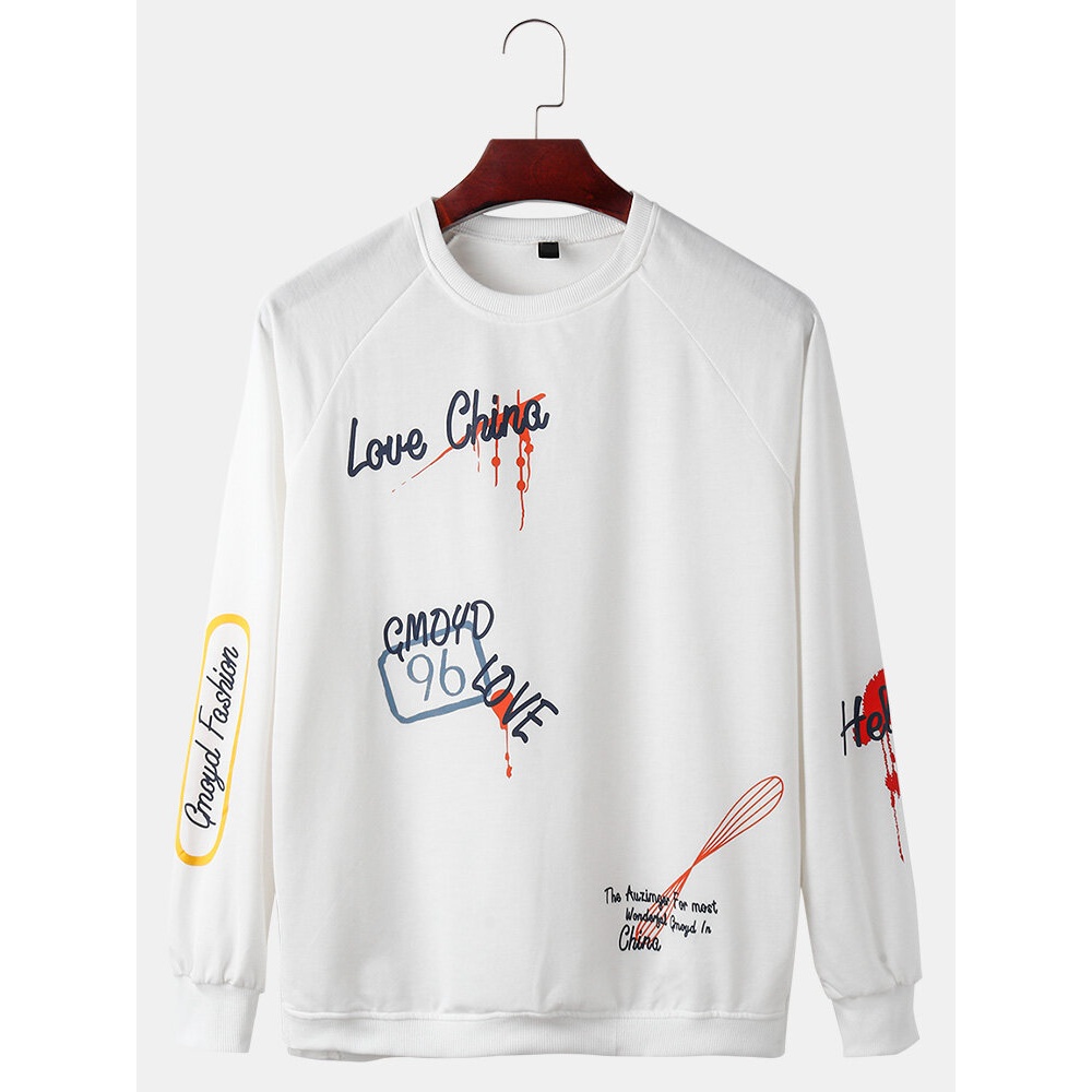 Mens Graffiti Letter Print Cotton Long Sleeve Casual Sweatshirts - White M
