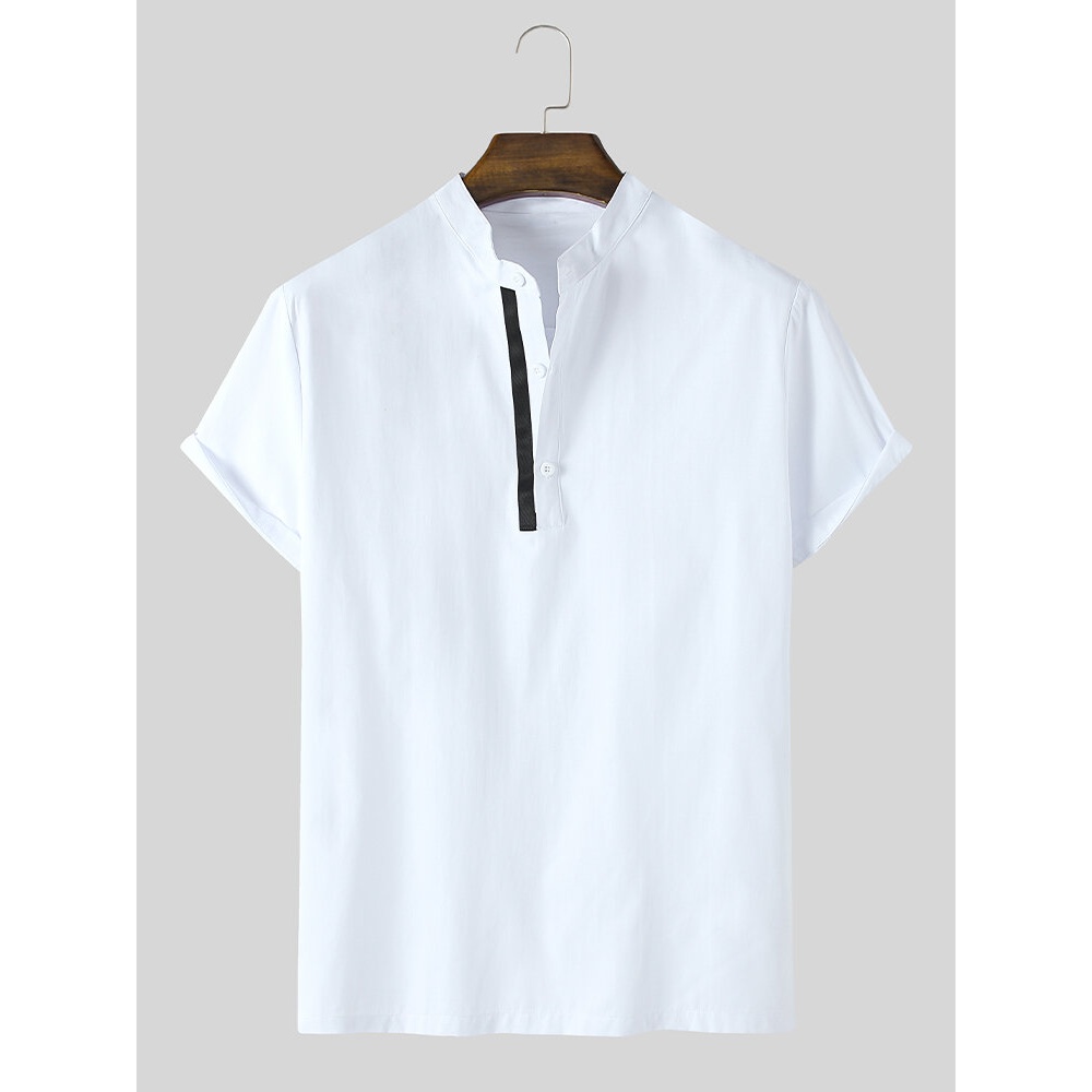 Mens Solid Color Short Sleeve Basics Henley Shirt - White M