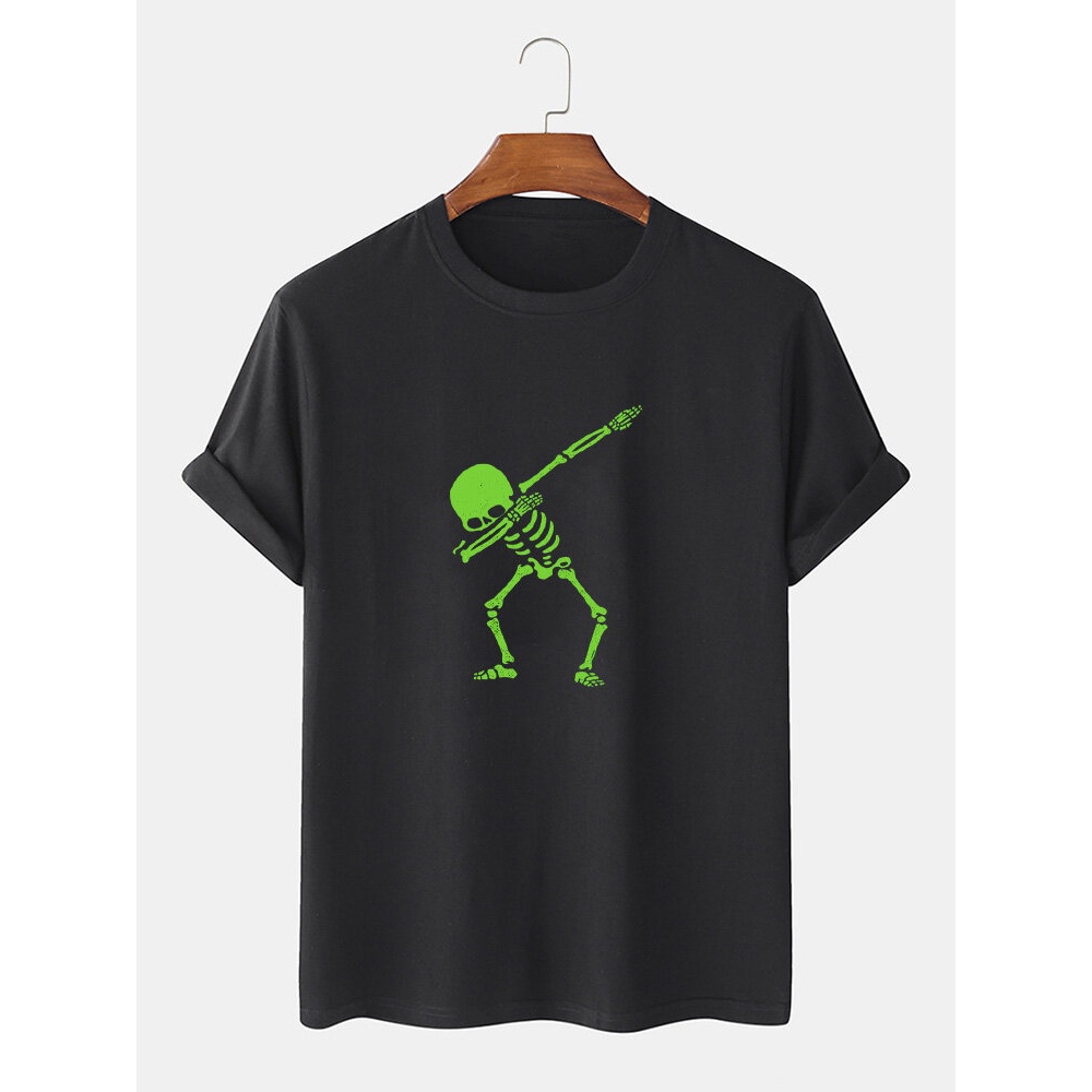 Mens 100% Cotton Skeleton Printed O-Neck Short Sleeve T-Shirts - Black S