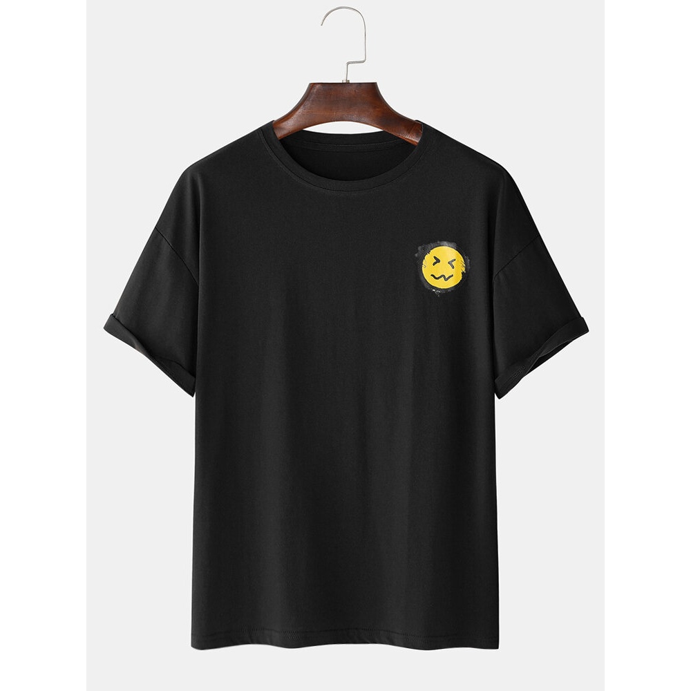 Cartoon Face Print Cute Pattern Cotton Casual Short Sleeve T-Shirts - Black M